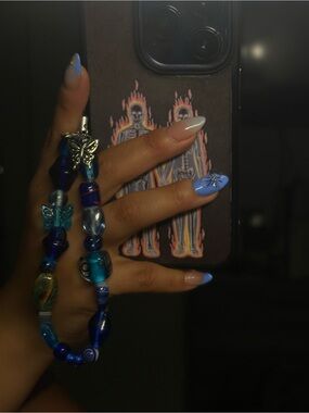 Blue Beaded Phone Wrist Strap with Butterfly Accents